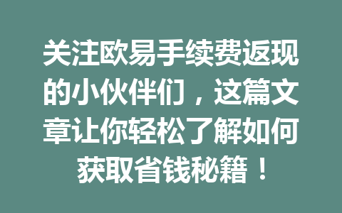 关注欧易手续费返现的小伙伴们，这篇文章让你轻松了解如何获取省钱秘籍！